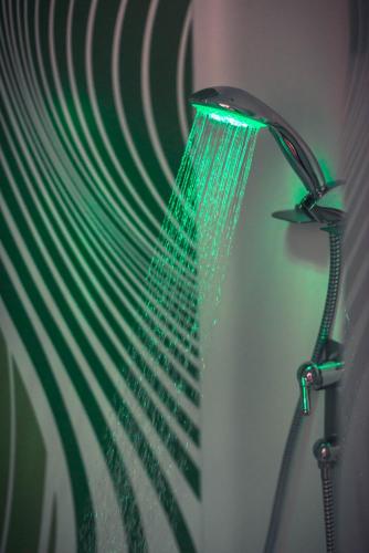 a shower head with a green net on the wall at ibis budget Troyes Est in Saint-Parres-aux-Tertres