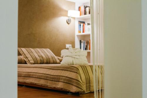 a bedroom with a bed and a book shelf at La Casa dels Abeuradors in Gandesa