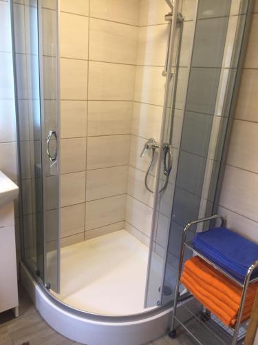 a shower with a glass door with a towel on a rack at Metsaääre Accommodation in Uulu