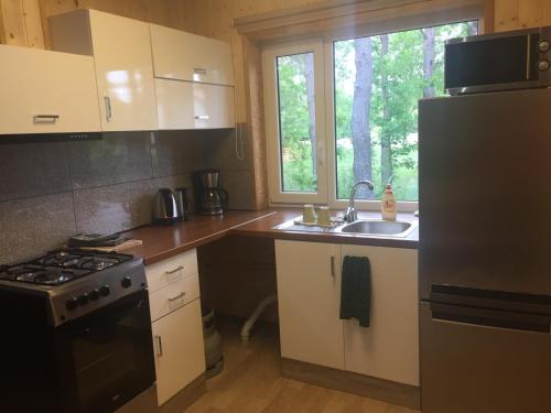 a kitchen with a stove and a sink and a refrigerator at Metsaääre Accommodation in Uulu