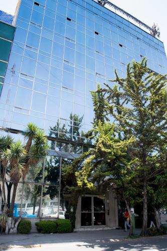 a tall glass building with palm trees in front of it at Hotel San Francisco in Toluca