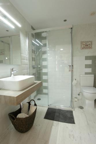 a bathroom with a sink and a shower and a toilet at vivienda vieja cepa in Noja