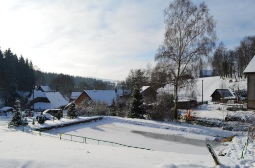 a snow covered yard with a swimming pool at Ubytování - U nás doma in Orličky