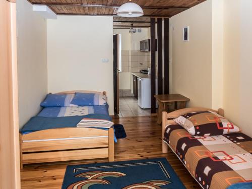 2 łóżka w małym pokoju z kuchnią w obiekcie Pokoje Inulec w mieście Inulec