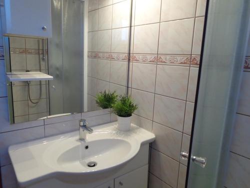 uma casa de banho com um lavatório e um vaso de plantas em I & S Apartments em Vodice