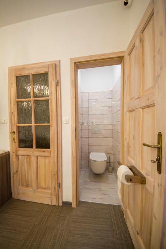 a bathroom with a toilet and a wooden door at OH Apartments & Rooms in Ljubljana