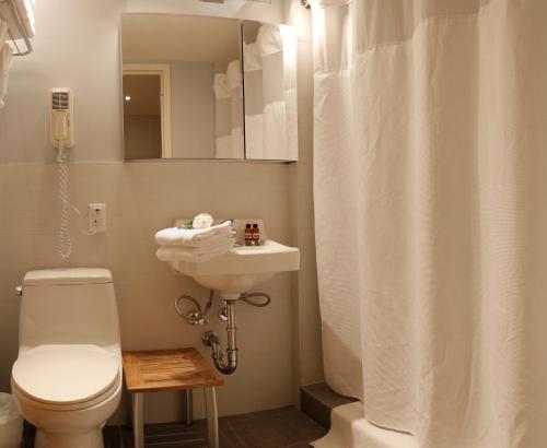 uma casa de banho com um WC, um lavatório e um chuveiro em Sanctuary NYC Retreats em Nova York