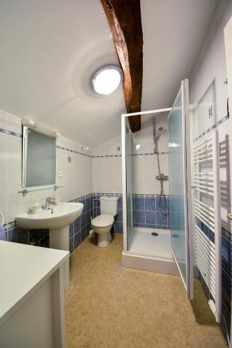 une salle de bain avec toilettes, lavabo et douche dans l'établissement Gites dans les Champs, à Sauzé-Vaussais