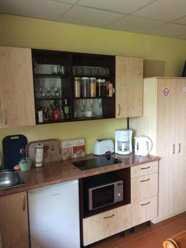 a kitchen with wooden cabinets and a counter top at Lana House in Pärnu