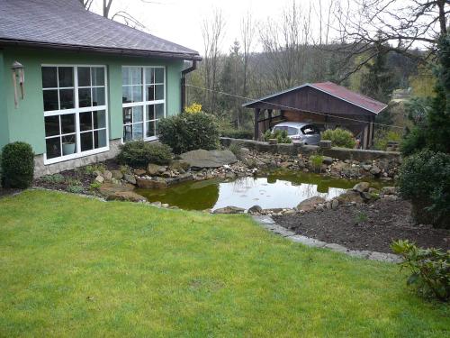 a yard with a pond in front of a house at Chalupa na Kopečku in Krásná Lípa