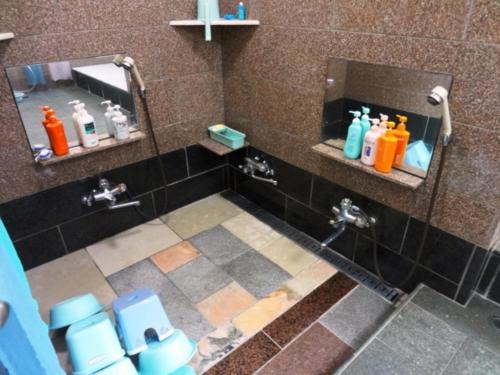 La salle de bains est pourvue d'une douche, de toilettes et de miroirs. dans l'établissement Minshuku Kobayashi, à Narusawa