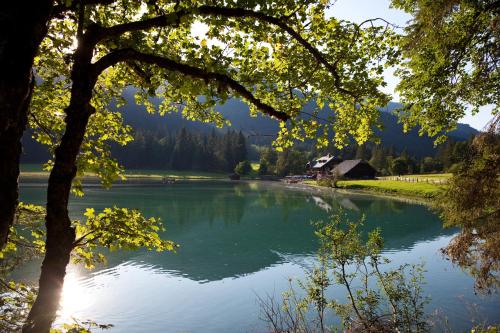 a view of a lake with a house in the background at Gästehaus Kristall in Kleinarl