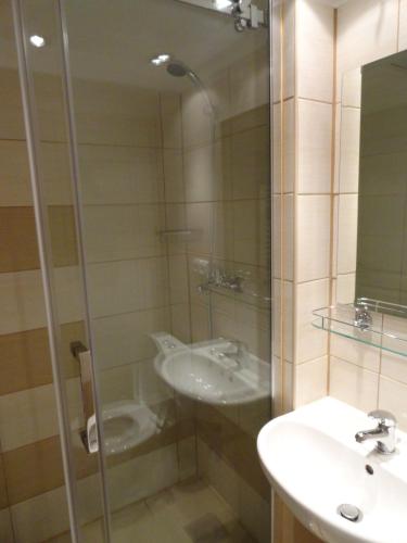 a bathroom with two sinks and a glass shower at Penzion Ve Vile in Tři Studně
