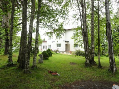 a white house in the middle of a yard with trees at Penzion Ve Vile in Tři Studně