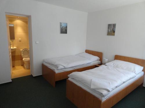 two beds in a room with a bathroom at Penzion Ve Vile in Tři Studně