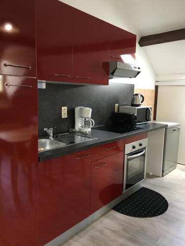 a kitchen with red cabinets and a sink at La Villa Esponda in Saint-Jean-Pied-de-Port
