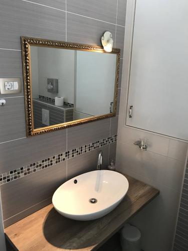 a bathroom with a white sink and a mirror at Pula Antic Rooms in Center in Pula