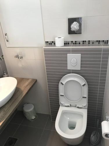 a bathroom with a white toilet and a sink at Pula Antic Rooms in Center in Pula