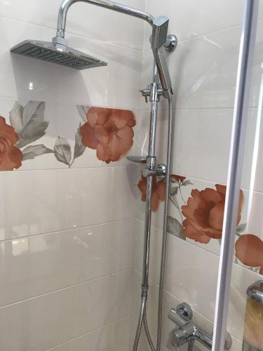 a shower with flowers on the wall in a bathroom at Pula Antic Rooms in Center in Pula