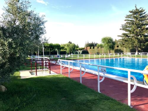 a large swimming pool in a park with aicrobialicrobialicrobial at Hotel Valjunco in Valencia de Don Juan