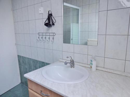 a bathroom with a sink and a mirror at Albízia Apartments in Balatonfüred