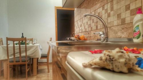 a kitchen with a sink and a counter with food on a table at Apartment Maša in Trebinje