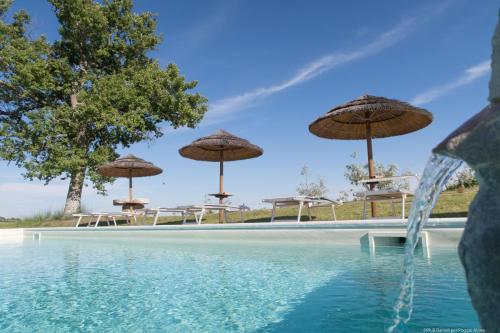 a pool with umbrellas and chairs and a swimming pool at Bio Agriturismo Poggio Aione in Saturnia