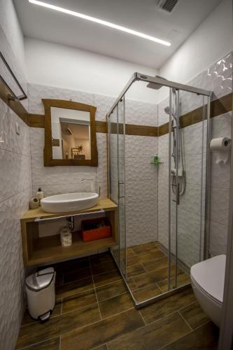 a bathroom with a glass shower and a sink at OH Apartments & Rooms in Ljubljana