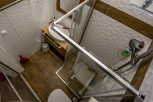 a bathroom with a glass shower door and a sink at OH Apartments & Rooms in Ljubljana