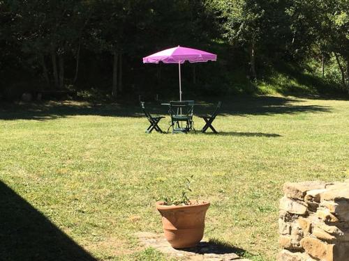 a table with an umbrella and a potted plant in a yard at Weekend en Provence in Comps