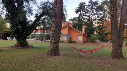 a hammock hanging between two trees in front of a house at Los Oleandros - casa privada in Nono