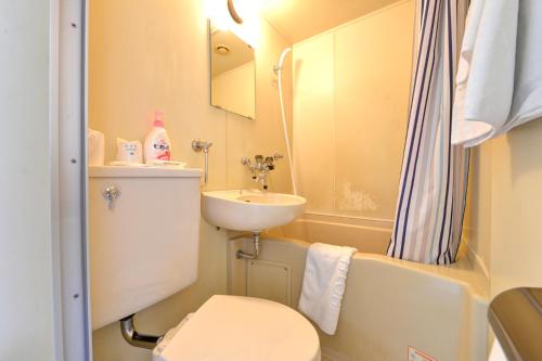 een kleine badkamer met een toilet en een wastafel bij Hotel Million in Muroran