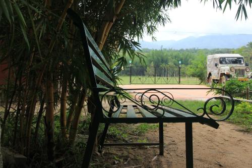 a green bench sitting next to a tree at Greenwoods Nature Camp in Mudumalai National Park