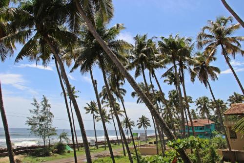 a row of palm trees on the beach at Sapphire Club Cherai Beach Villa in Cherai Beach