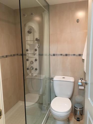 een badkamer met een toilet en een douche bij Benal Beach Apartment in Benalmádena