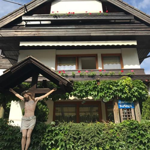 a man standing in front of a house at Apartmaji Sušnik in Bled