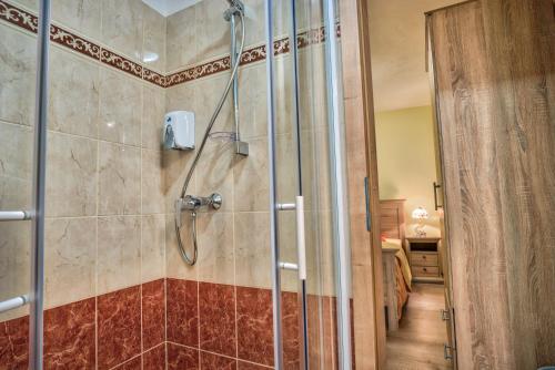 
a bathroom with a shower, toilet, and sink at Hiša Linhart, Hotel & Restaurant in Radovljica
