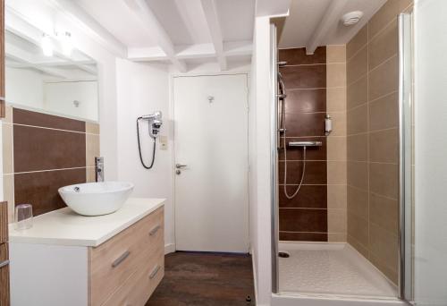 ein Badezimmer mit einem weißen Waschbecken und einer Dusche in der Unterkunft La Pommeraie in Bruz