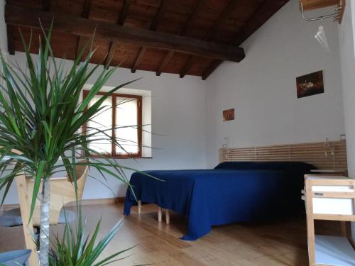 a bedroom with a blue bed and a potted plant at B & B Via di Mezzo in Coreglia Antelminelli