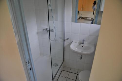 uma casa de banho com um chuveiro, um WC e um lavatório. em Village de vacances Waulsort em Hastière-par-delà
