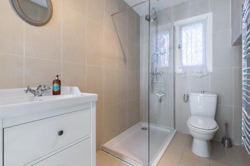 une salle de bain avec une douche, des toilettes et un lavabo dans l'établissement A lovely split level townhouse in the heart of Cannes next to the Marche Forville and the Palais 1749, à Cannes