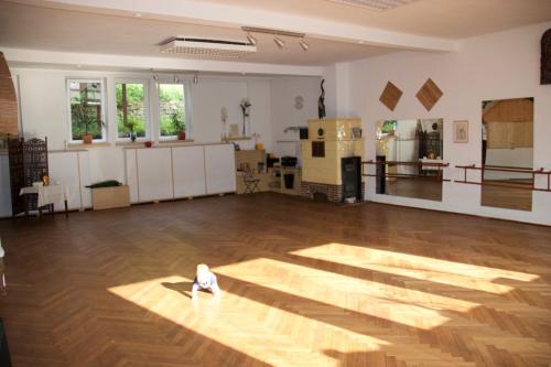 a large room with a wooden floor and a kitchen at ICC Pfälzer Hof - Hotel & Seminarhaus in Schönau