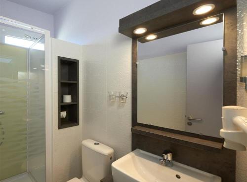 La salle de bains est pourvue de toilettes, d'un lavabo et d'un miroir. dans l'établissement Logis Hotel Bellevue, à Roscoff