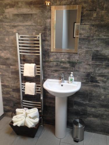 a bathroom with a sink and a mirror and towels at Pinetree Lodge Druridge Bay in Amble