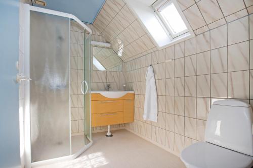 a bathroom with a shower and a toilet and a sink at Feriecentret Østersø Færgegård in Kalvehave