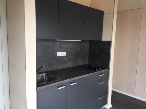 a kitchen with black cabinets and a sink at Welcome Holiday Home in Eyvindarhólar