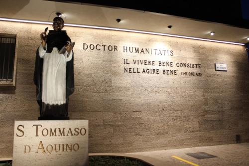 a statue of a man standing in front of a wall at Ospitalità San Tommaso d'Aquino in Bologna