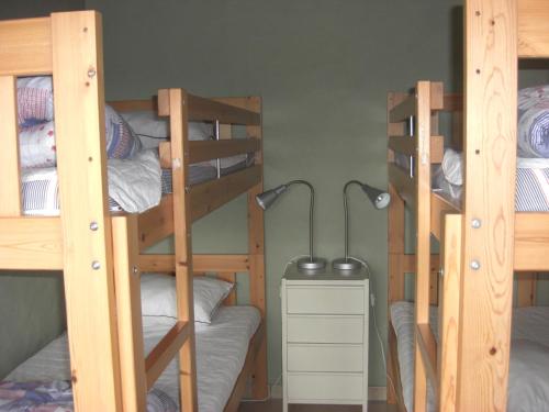 a room with three bunk beds and a desk at Hagestad 47 in Löderup
