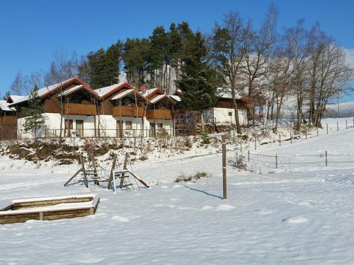 a house in a snow covered field with a fence at Ferienwohnung Wildgatter in Grafenwiesen