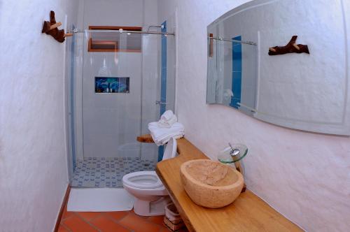 y baño con ducha, aseo y espejo. en Hotel Estorake San Agustin Huila, en San Agustín